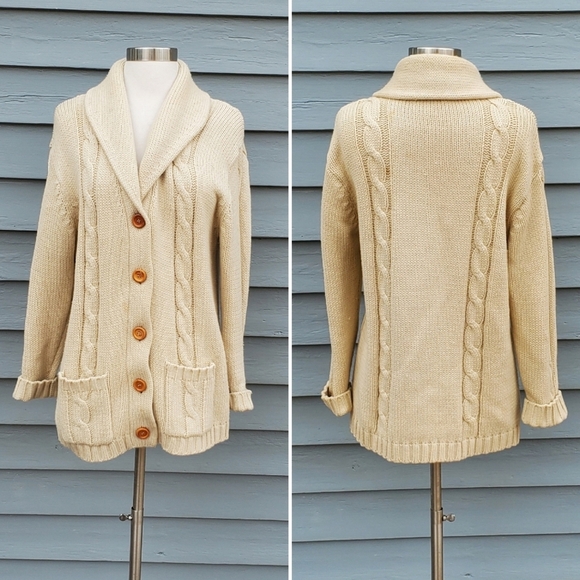 Vintage 70s Cream Cable Knit Greek Fisherman Cardigan Button Up Sweater Large - Picture 1 of 5